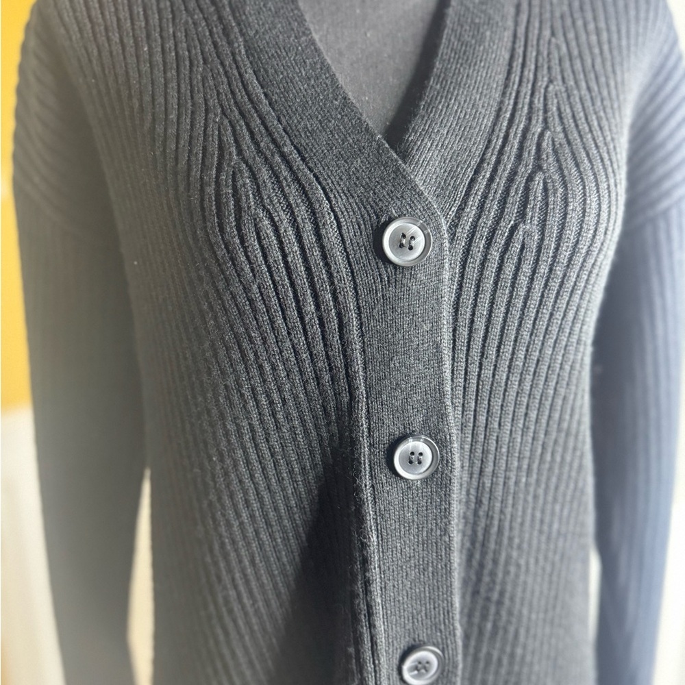 Black Ribbed Button-Up Cardigan Dress - Picture 3 of 7